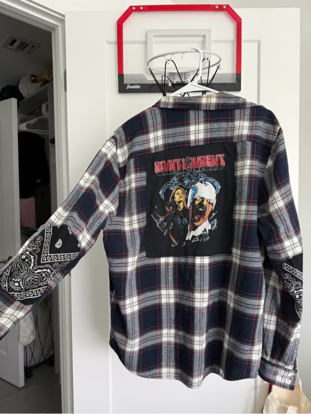 Saint Laurent Navy White Red Plaid Flannel Jacket with Back Graphic by Plain